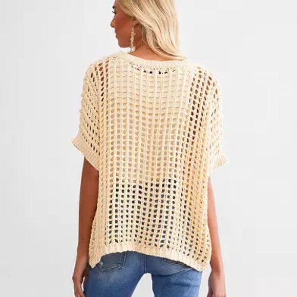 HYFVE Open Stitch Boxy Sweater Beige Crochet Knit Pullover Sweater Top Women's S - Picture 2 of 9